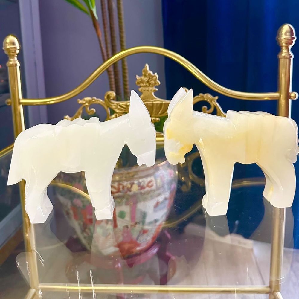 Vintage set of 2 Carved White With Yellow Quartz Stone Donkey